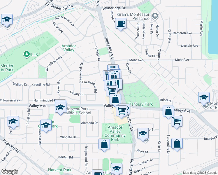 map of restaurants, bars, coffee shops, grocery stores, and more near 1989 Santa Rita Road in Pleasanton
