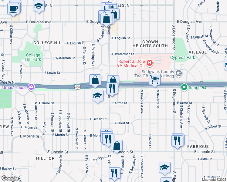 map of restaurants, bars, coffee shops, grocery stores, and more near 514 Oliver in Wichita
