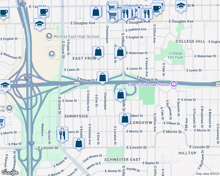 map of restaurants, bars, coffee shops, grocery stores, and more near 3003 East Kellogg Drive South in Wichita