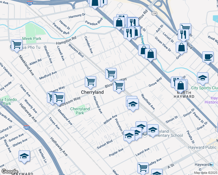 map of restaurants, bars, coffee shops, grocery stores, and more near 599 Blossom Way in Hayward