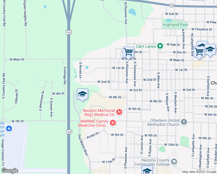map of restaurants, bars, coffee shops, grocery stores, and more near 221 South Denman Avenue in Chanute