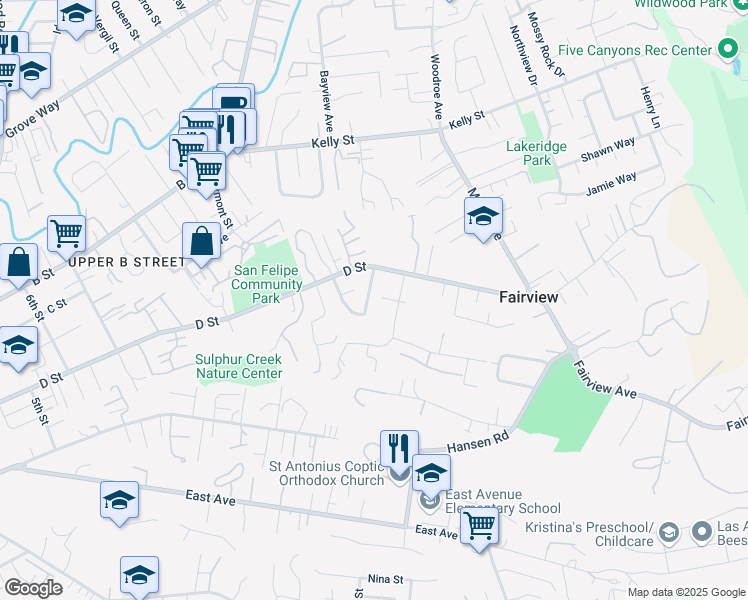 map of restaurants, bars, coffee shops, grocery stores, and more near 23853 Clayton Street in Hayward