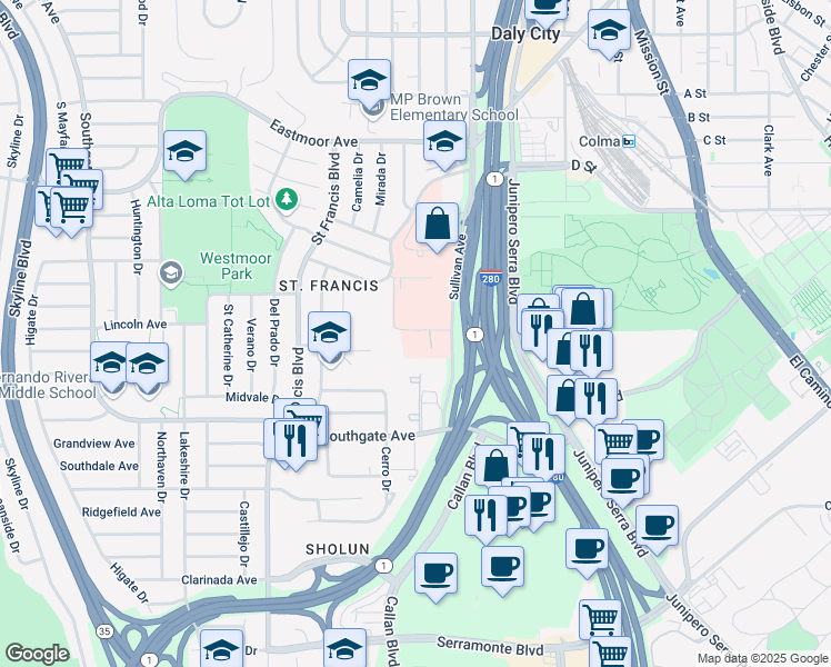 map of restaurants, bars, coffee shops, grocery stores, and more near 1900 Sullivan Avenue in Daly City