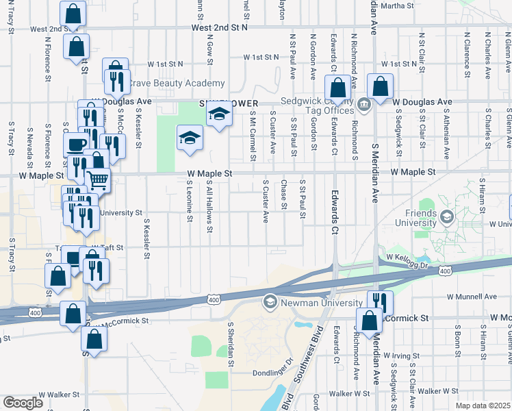 map of restaurants, bars, coffee shops, grocery stores, and more near 3116 West University Street in Wichita