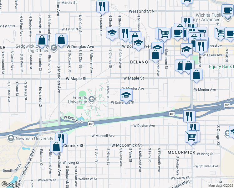 map of restaurants, bars, coffee shops, grocery stores, and more near 515 South Glenn Street in Wichita