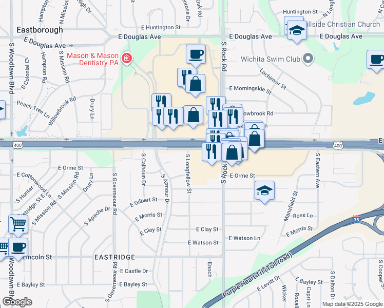 map of restaurants, bars, coffee shops, grocery stores, and more near 7701 East Kellogg Drive in Wichita