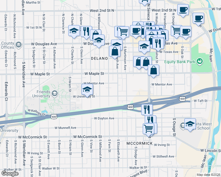 map of restaurants, bars, coffee shops, grocery stores, and more near 521 South Fern Street in Wichita