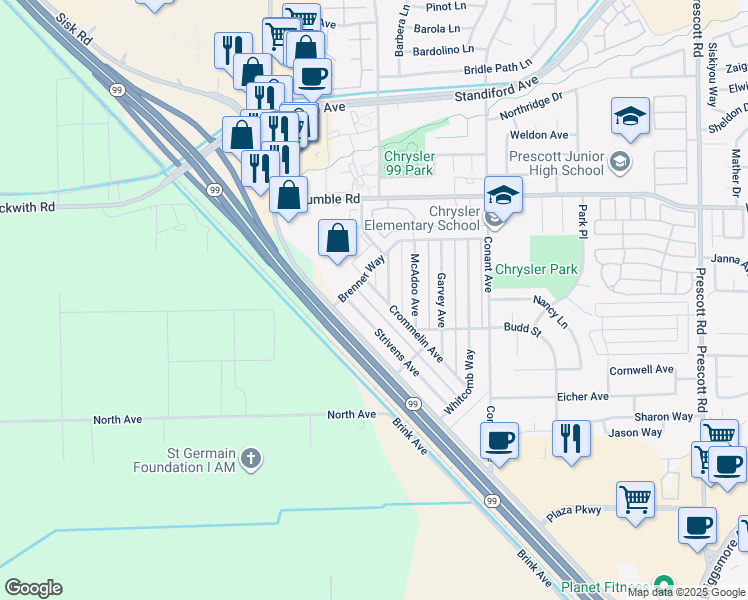 map of restaurants, bars, coffee shops, grocery stores, and more near 2602 Strivens Avenue in Modesto