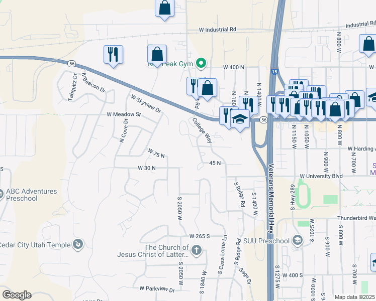 map of restaurants, bars, coffee shops, grocery stores, and more near 99 North 1850 West in Cedar City
