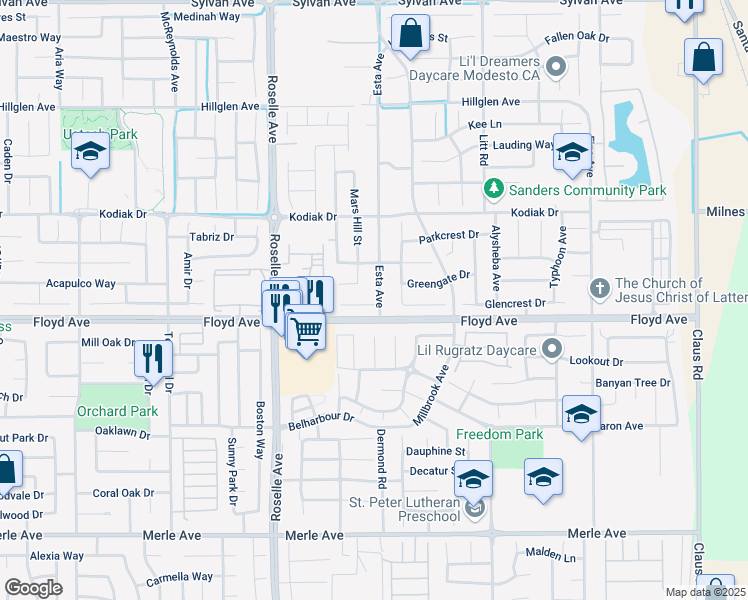 map of restaurants, bars, coffee shops, grocery stores, and more near 3124 Amos Court in Modesto
