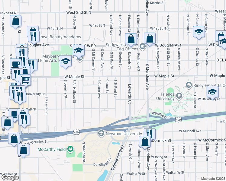 map of restaurants, bars, coffee shops, grocery stores, and more near 531 Gordon South in Wichita