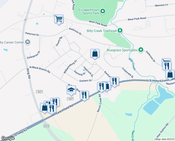 map of restaurants, bars, coffee shops, grocery stores, and more near 1301 Fleming Drive in Elizabethtown