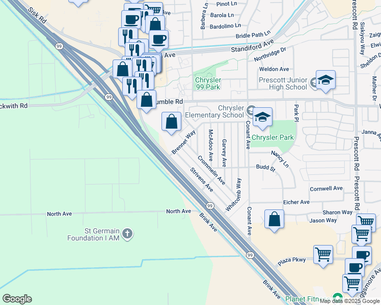 map of restaurants, bars, coffee shops, grocery stores, and more near 2602 Strivens Avenue in Modesto