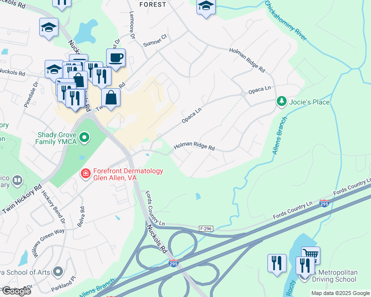 map of restaurants, bars, coffee shops, grocery stores, and more near 10501 Benoni Trail in Glen Allen
