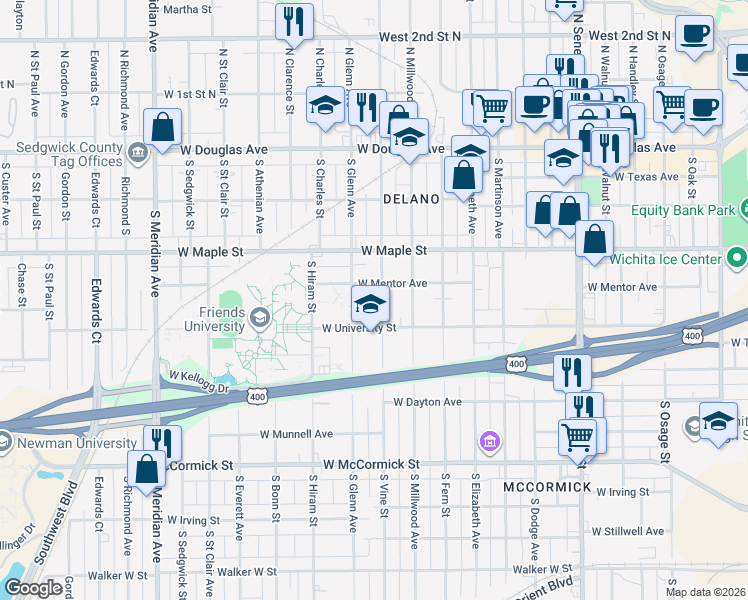 map of restaurants, bars, coffee shops, grocery stores, and more near 1816 West University Street in Wichita