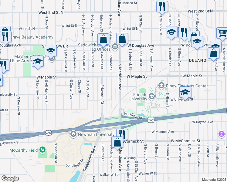 map of restaurants, bars, coffee shops, grocery stores, and more near 527 Richmond South in Wichita