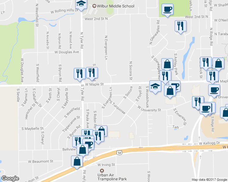 map of restaurants, bars, coffee shops, grocery stores, and more near 330 South Evergreen Lane in Wichita