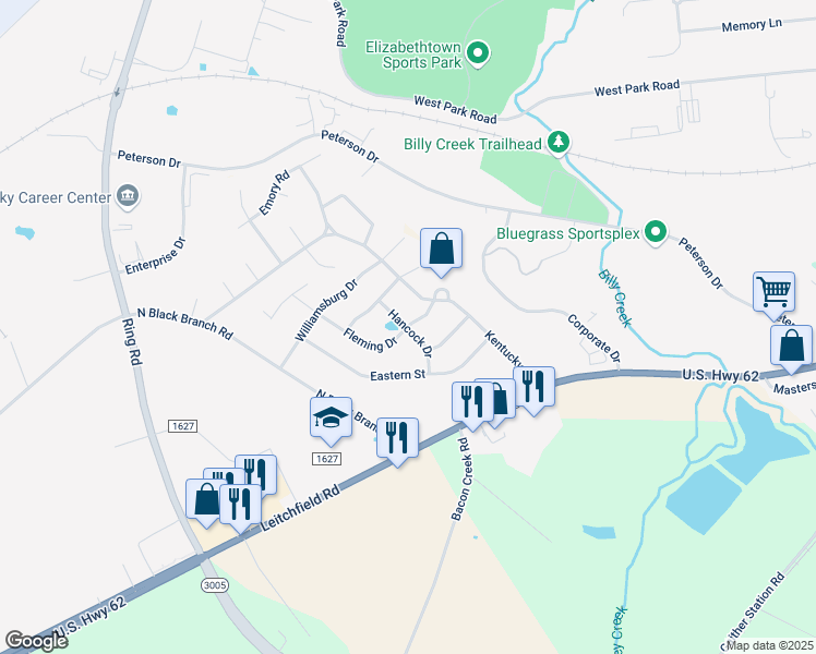 map of restaurants, bars, coffee shops, grocery stores, and more near 1301 Hancock Drive in Elizabethtown