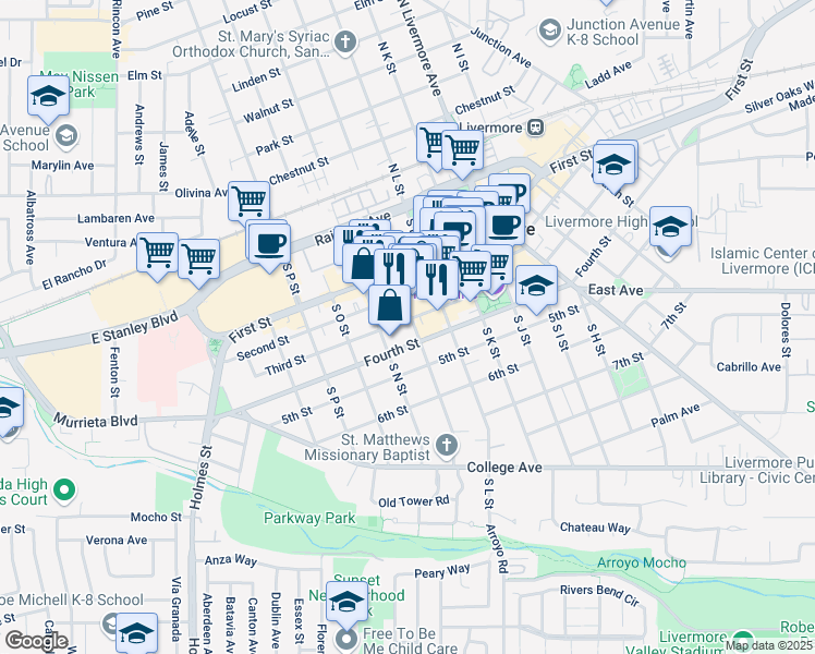 map of restaurants, bars, coffee shops, grocery stores, and more near 325 South M Street in Livermore