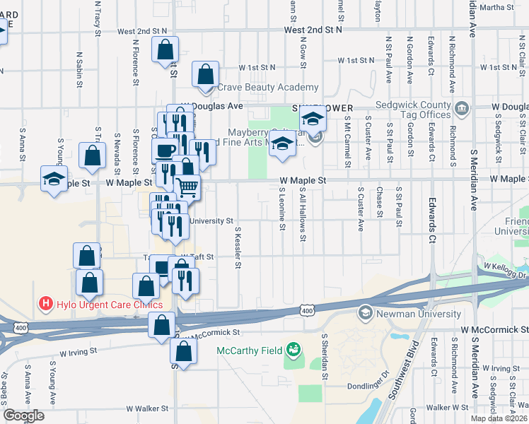 map of restaurants, bars, coffee shops, grocery stores, and more near 3520 West University Street in Wichita