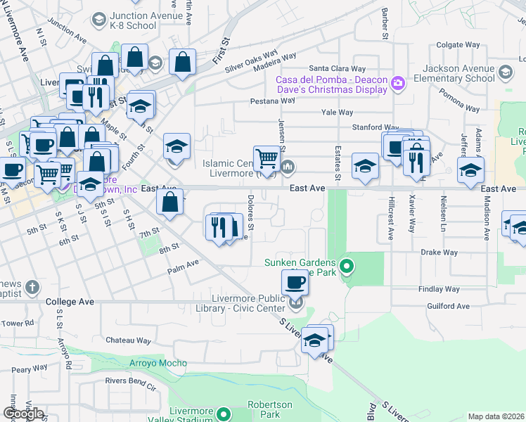map of restaurants, bars, coffee shops, grocery stores, and more near 3628 Carrigan Common in Livermore