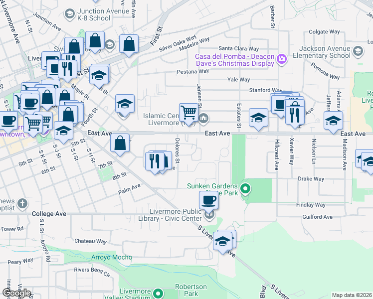 map of restaurants, bars, coffee shops, grocery stores, and more near 3628 Carrigan Common in Livermore