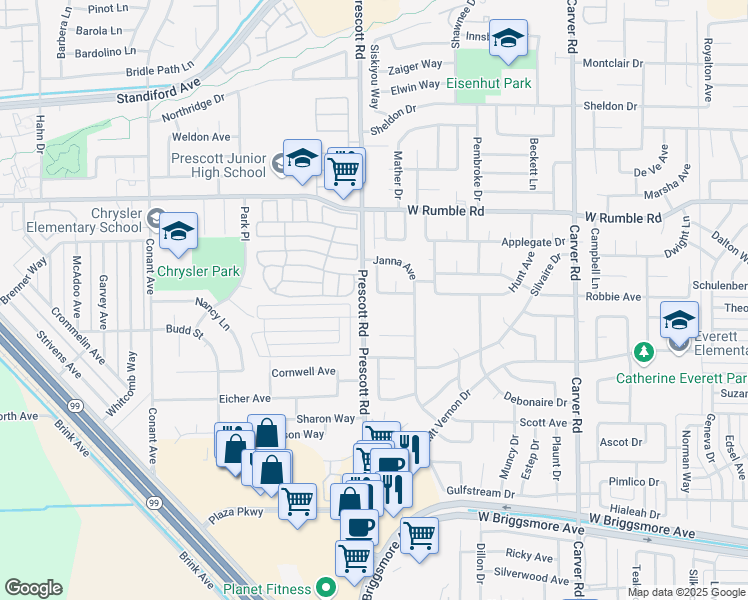 map of restaurants, bars, coffee shops, grocery stores, and more near 2052 Esther Drive in Modesto