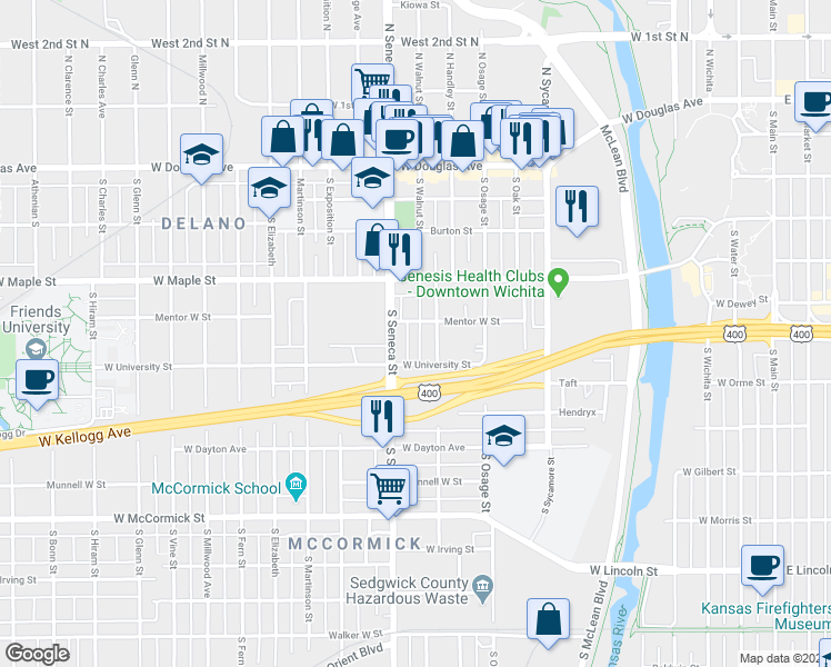 map of restaurants, bars, coffee shops, grocery stores, and more near 1003 Mentor West Street in Wichita