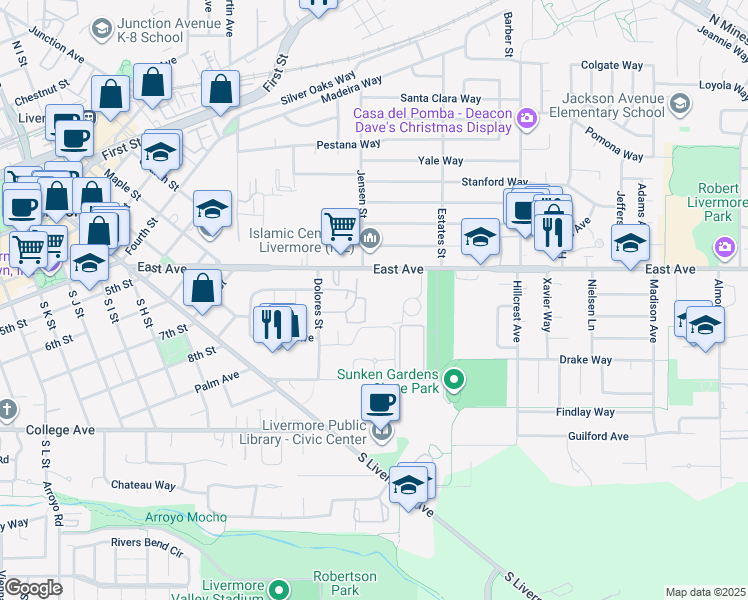 map of restaurants, bars, coffee shops, grocery stores, and more near 3819 East Avenue in Livermore