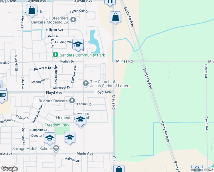 map of restaurants, bars, coffee shops, grocery stores, and more near 2600 Crested Bobwhite Street in Modesto