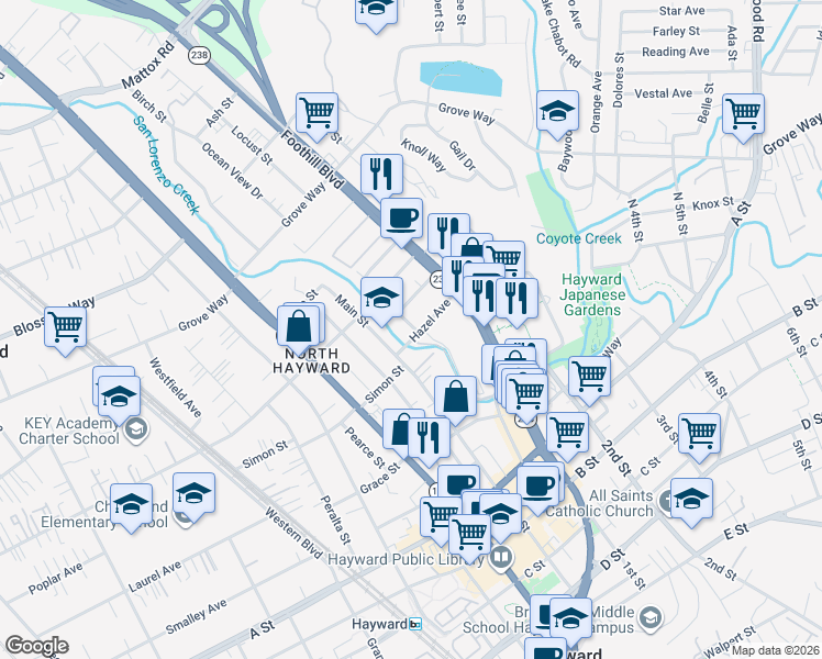 map of restaurants, bars, coffee shops, grocery stores, and more near 22177 Rio Vista Street in Hayward