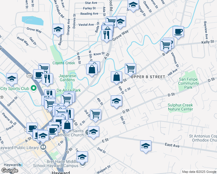 map of restaurants, bars, coffee shops, grocery stores, and more near 22597 Chestnut Street in Hayward