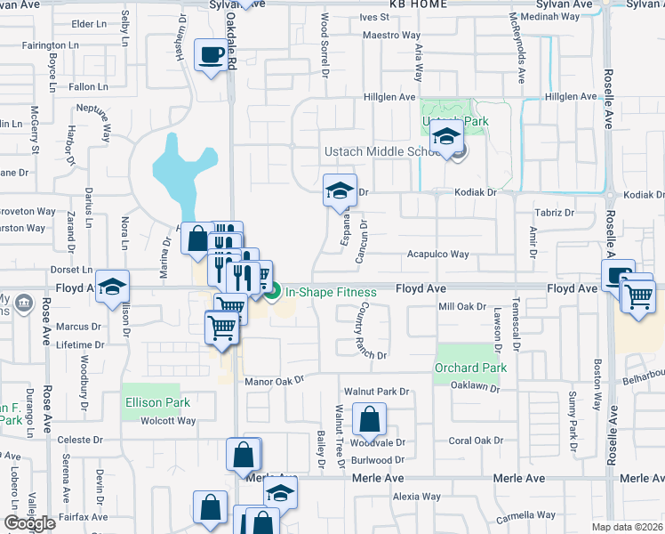 map of restaurants, bars, coffee shops, grocery stores, and more near 2424 Ventana View Way in Modesto