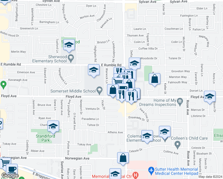map of restaurants, bars, coffee shops, grocery stores, and more near 2617 Maxine Drive in Modesto