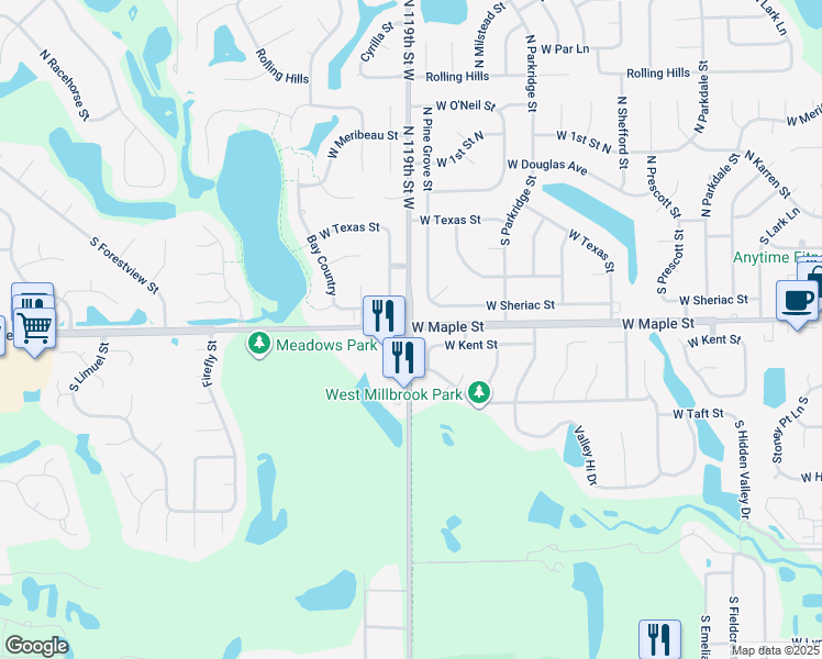 map of restaurants, bars, coffee shops, grocery stores, and more near 300 South 119th Street West in Wichita