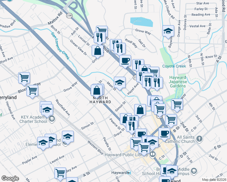 map of restaurants, bars, coffee shops, grocery stores, and more near 22115 Prospect Street in Hayward