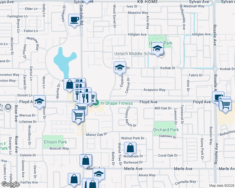 map of restaurants, bars, coffee shops, grocery stores, and more near 2424 Ventana View Way in Modesto