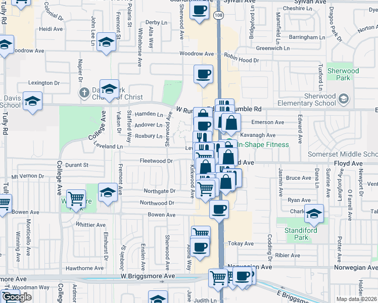 map of restaurants, bars, coffee shops, grocery stores, and more near 309 Fleetwood Drive in Modesto