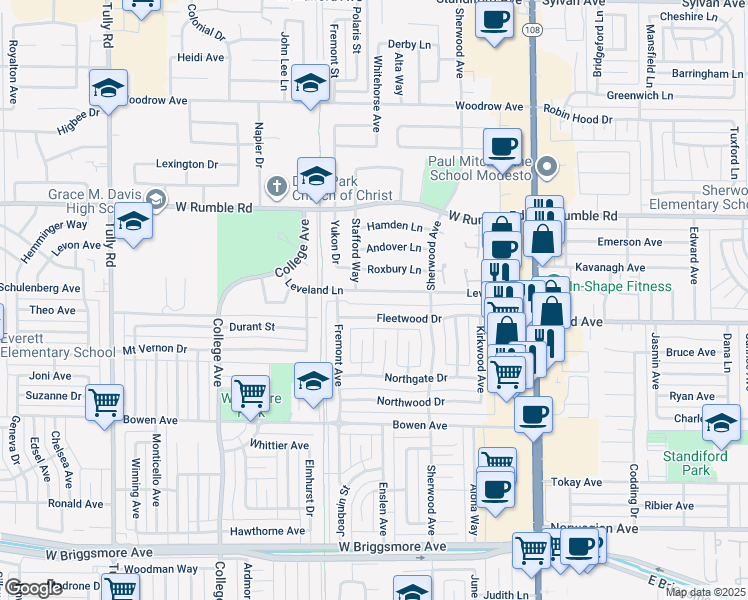 map of restaurants, bars, coffee shops, grocery stores, and more near 509 Fleetwood Drive in Modesto