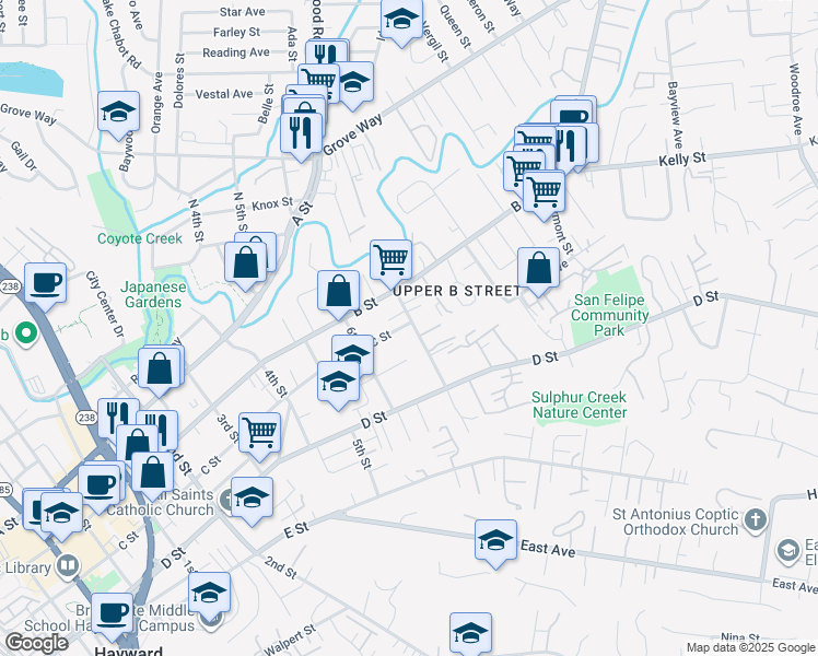 map of restaurants, bars, coffee shops, grocery stores, and more near 22689 7th Street in Hayward