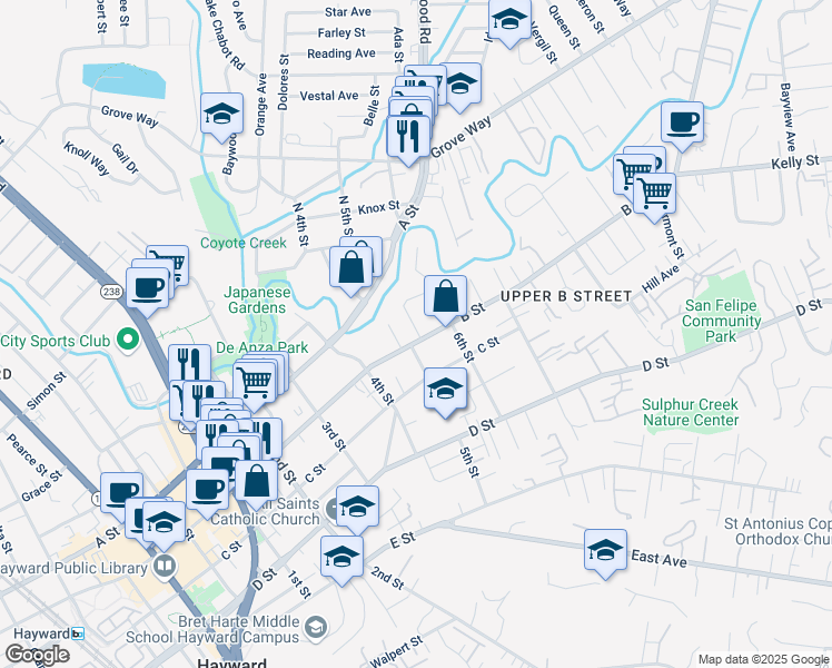 map of restaurants, bars, coffee shops, grocery stores, and more near 22597 Chestnut Street in Hayward