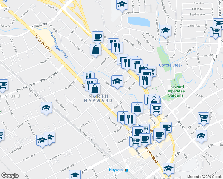 map of restaurants, bars, coffee shops, grocery stores, and more near 22115 Prospect Street in Hayward