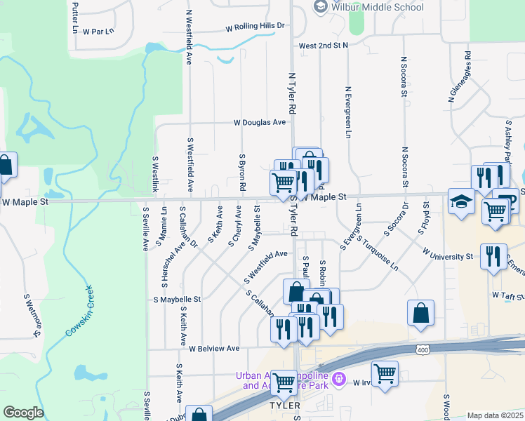 map of restaurants, bars, coffee shops, grocery stores, and more near 201 South Maybelle Street in Wichita