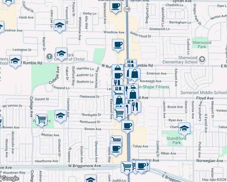 map of restaurants, bars, coffee shops, grocery stores, and more near 2518 Kirkwood Avenue in Modesto