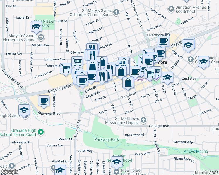 map of restaurants, bars, coffee shops, grocery stores, and more near 1640 Second Street in Livermore