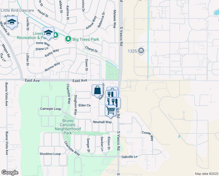 map of restaurants, bars, coffee shops, grocery stores, and more near 2075 Rovello Loop in Livermore