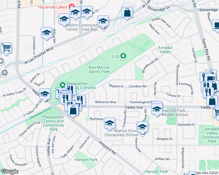 map of restaurants, bars, coffee shops, grocery stores, and more near 2693 Starling Court in Pleasanton