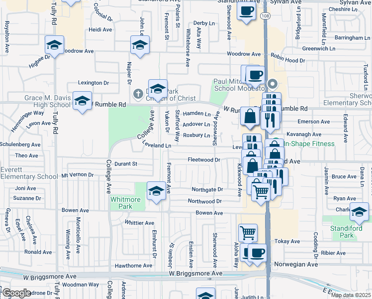 map of restaurants, bars, coffee shops, grocery stores, and more near 509 Fleetwood Drive in Modesto
