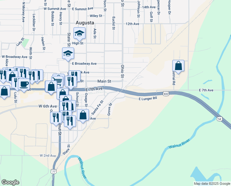 map of restaurants, bars, coffee shops, grocery stores, and more near 678 Frisco Street in Augusta