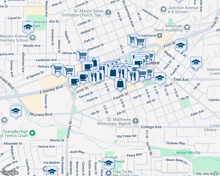 map of restaurants, bars, coffee shops, grocery stores, and more near 1727 Second Street in Livermore